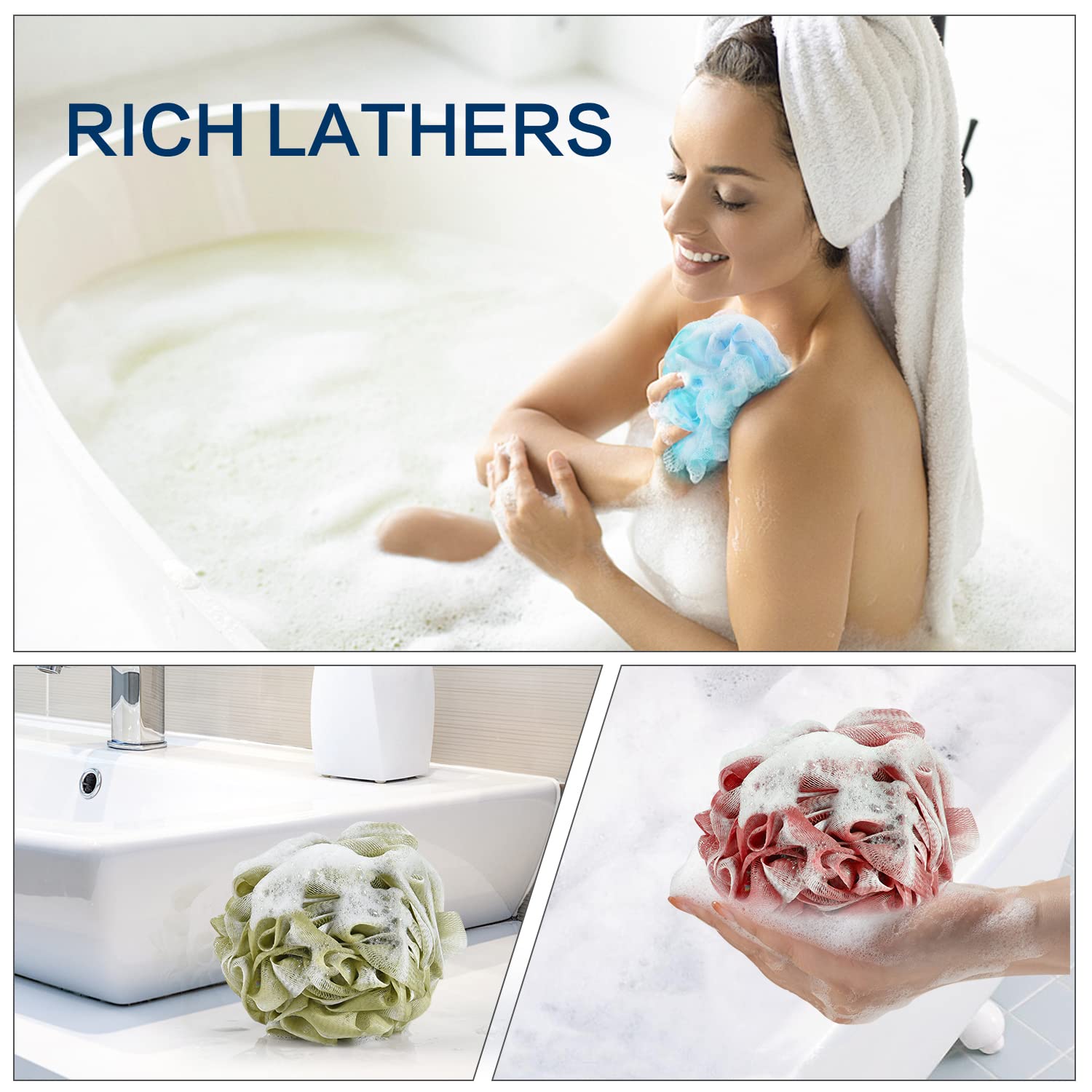 YOGET bath loofah sponge with hang loop for simple drying and storage.
