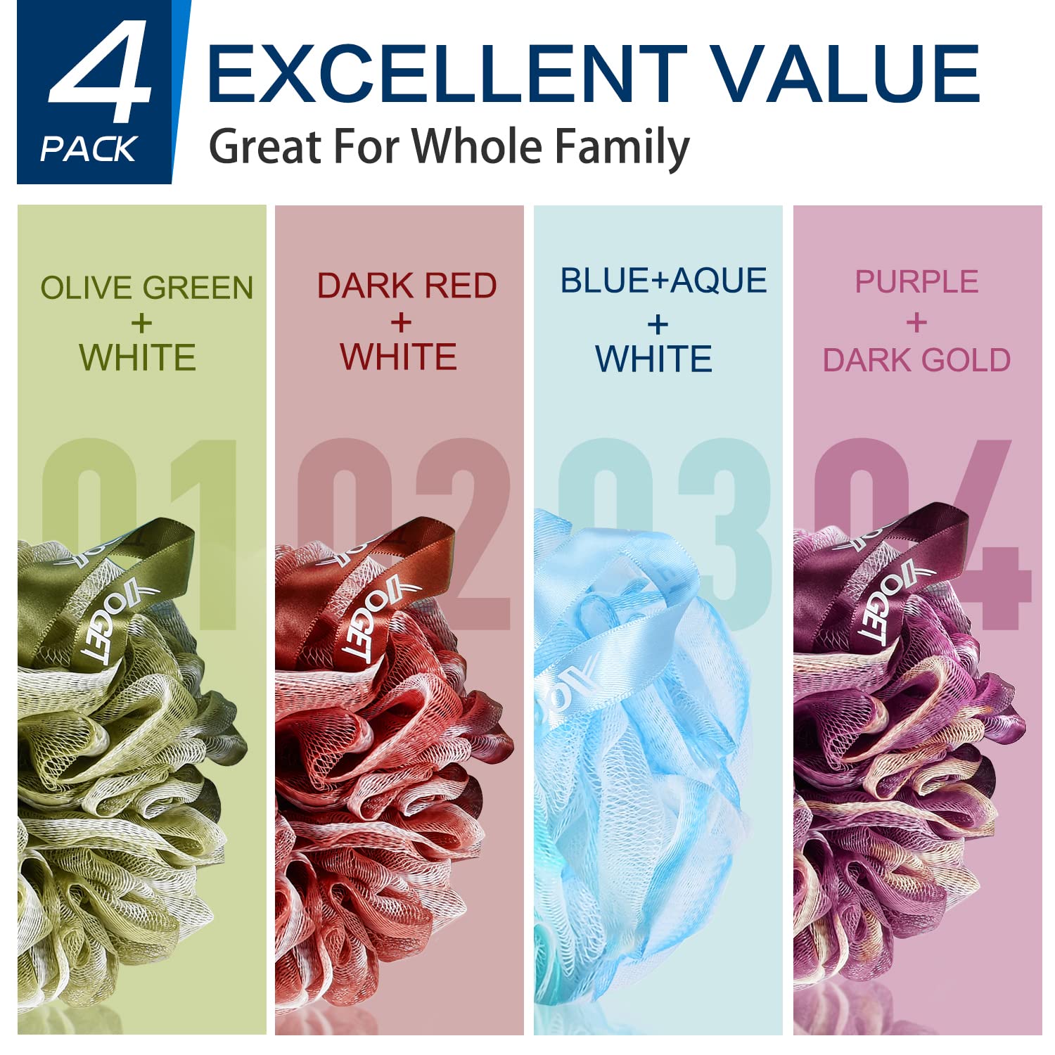 YOGET mixed-color loofah pack adds variety to daily cleansing routine.