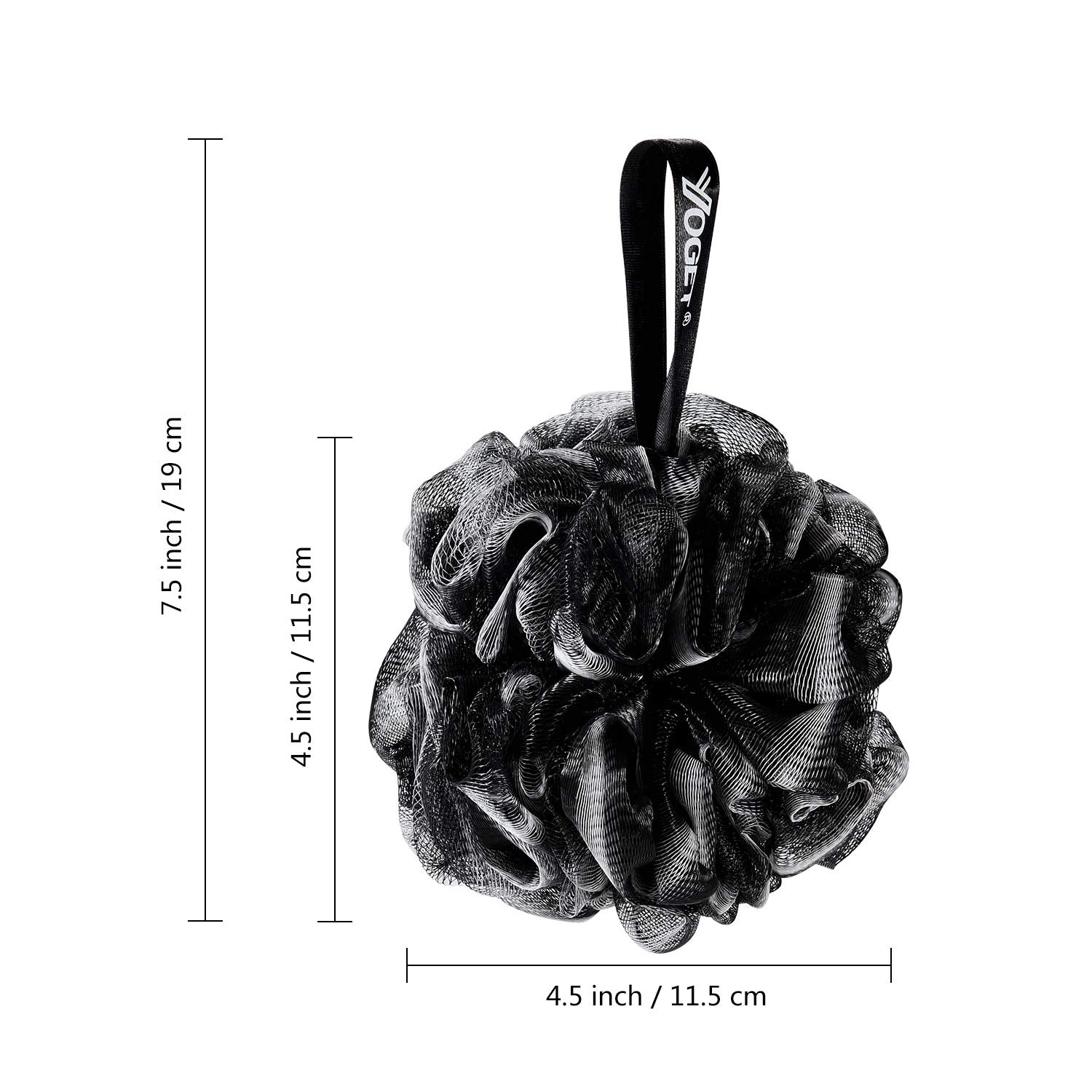 YOGET black loofah with white trim closeup highlighting soft mesh