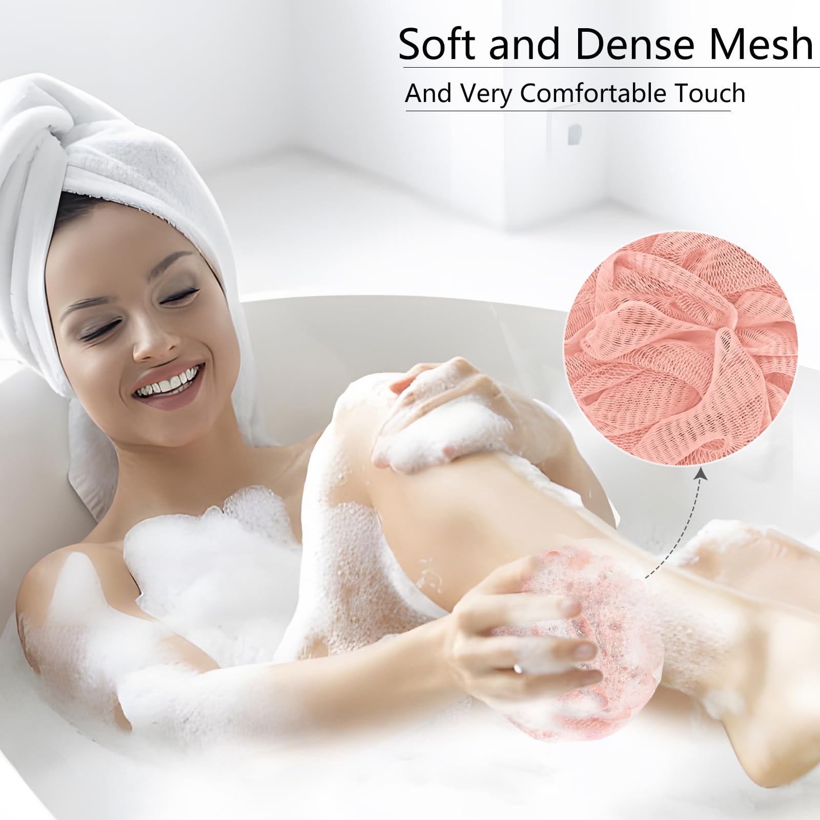 YOGET shower loofah with hanging loop for easy storage.