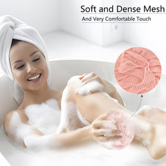YOGET shower loofah with hanging loop for easy storage.