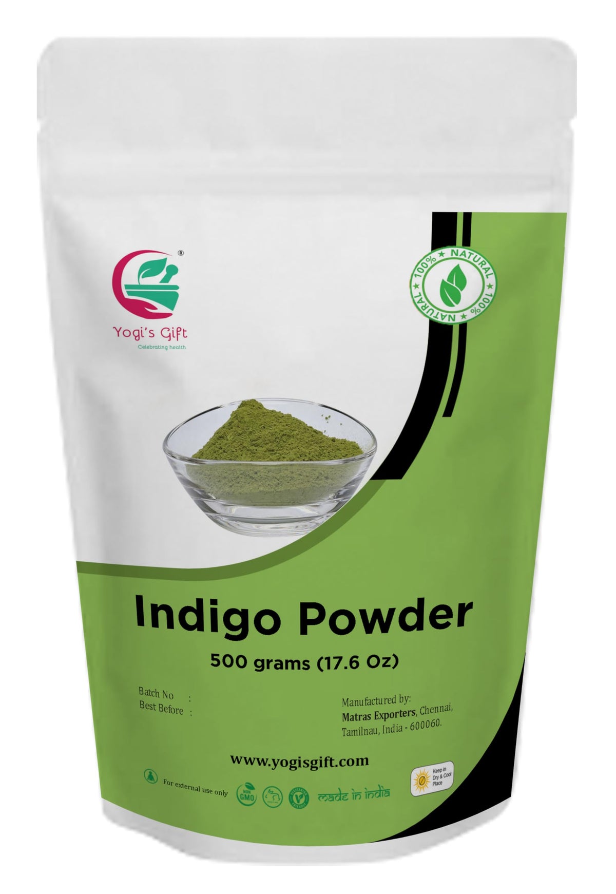 Yogi’s Gift Indigo Powder for Hair bottle pour showing natural dye application for darker tones.