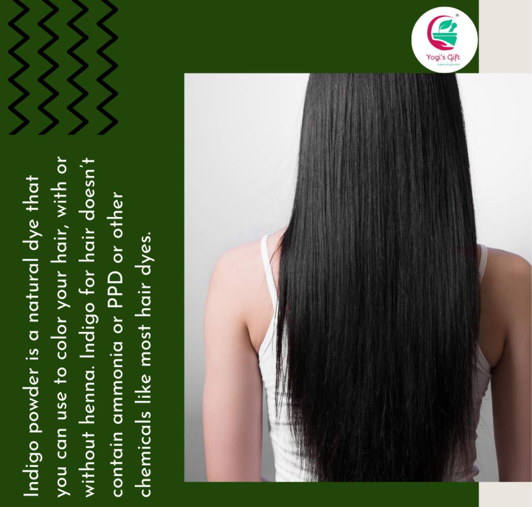 Natural Indigo powder ingredient image reinforces vegan, chemical-free hair coloring.