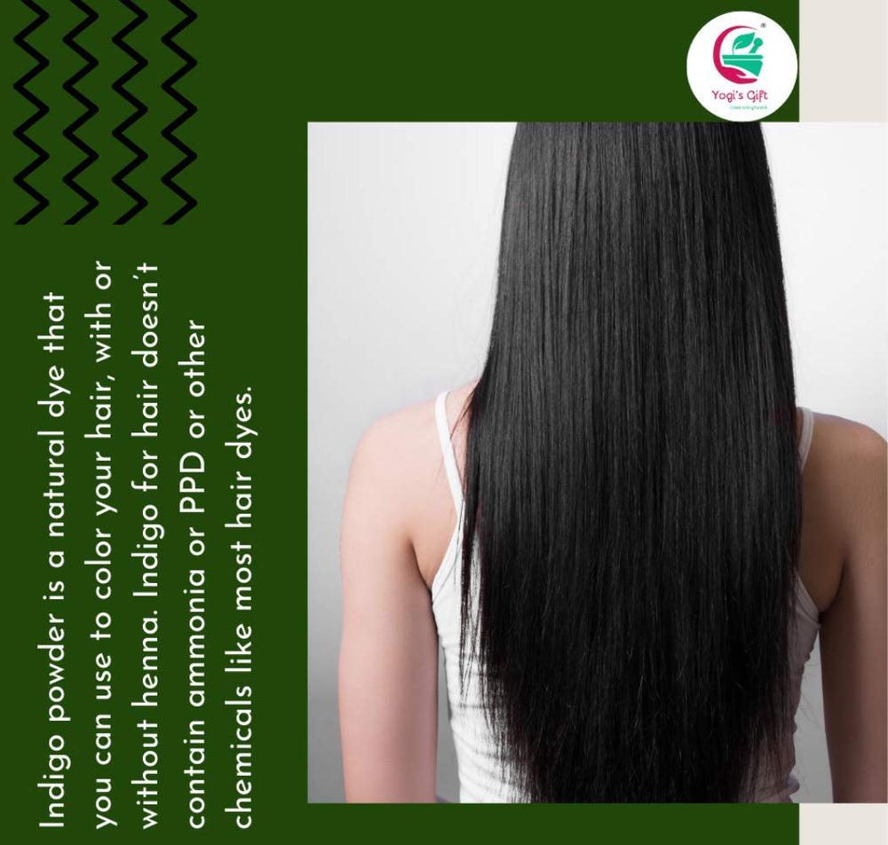 Natural Indigo powder ingredient image reinforces vegan, chemical-free hair coloring.