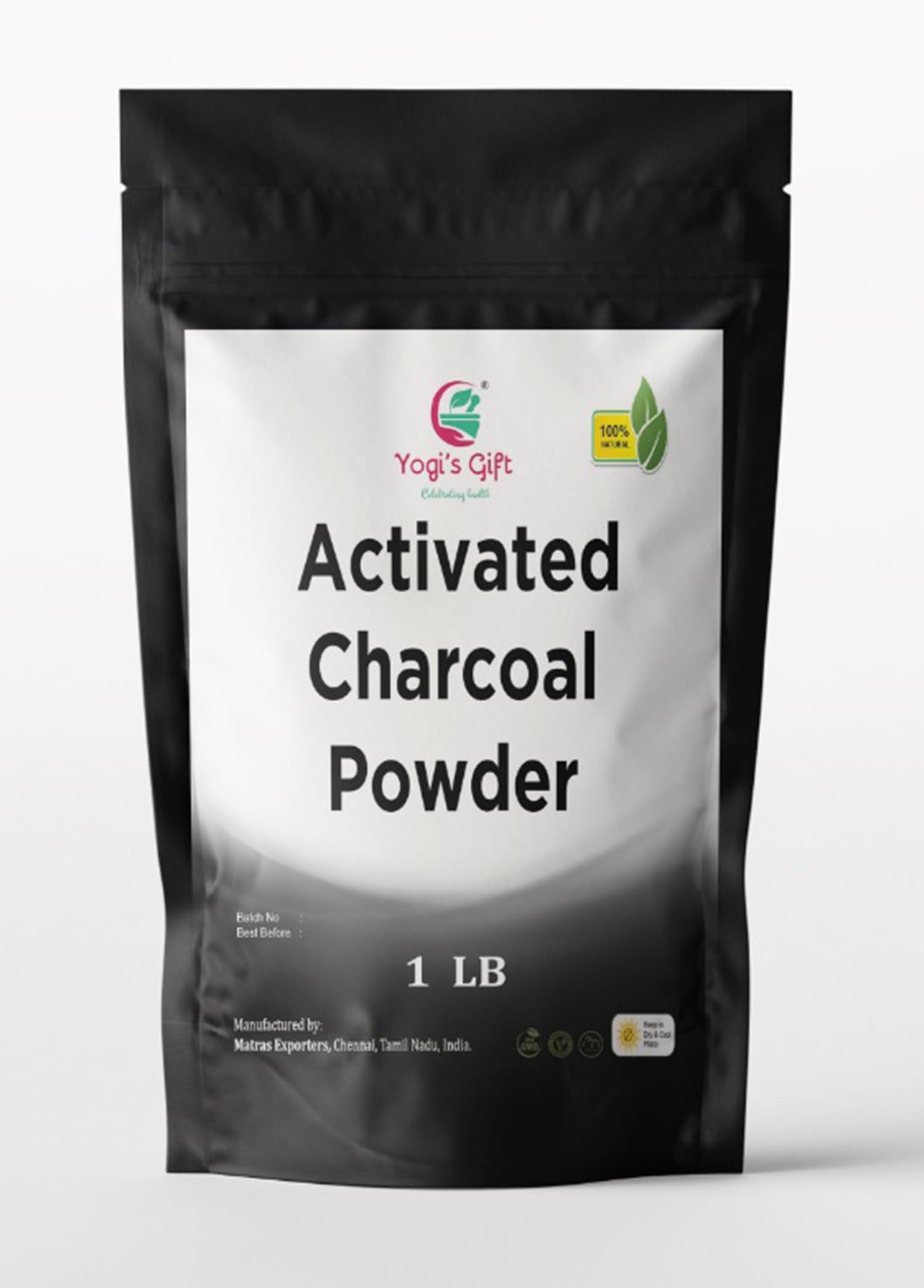 Yogi's Gift polvo carbón activado 1-lb, empaque compacto para cuidado facial.