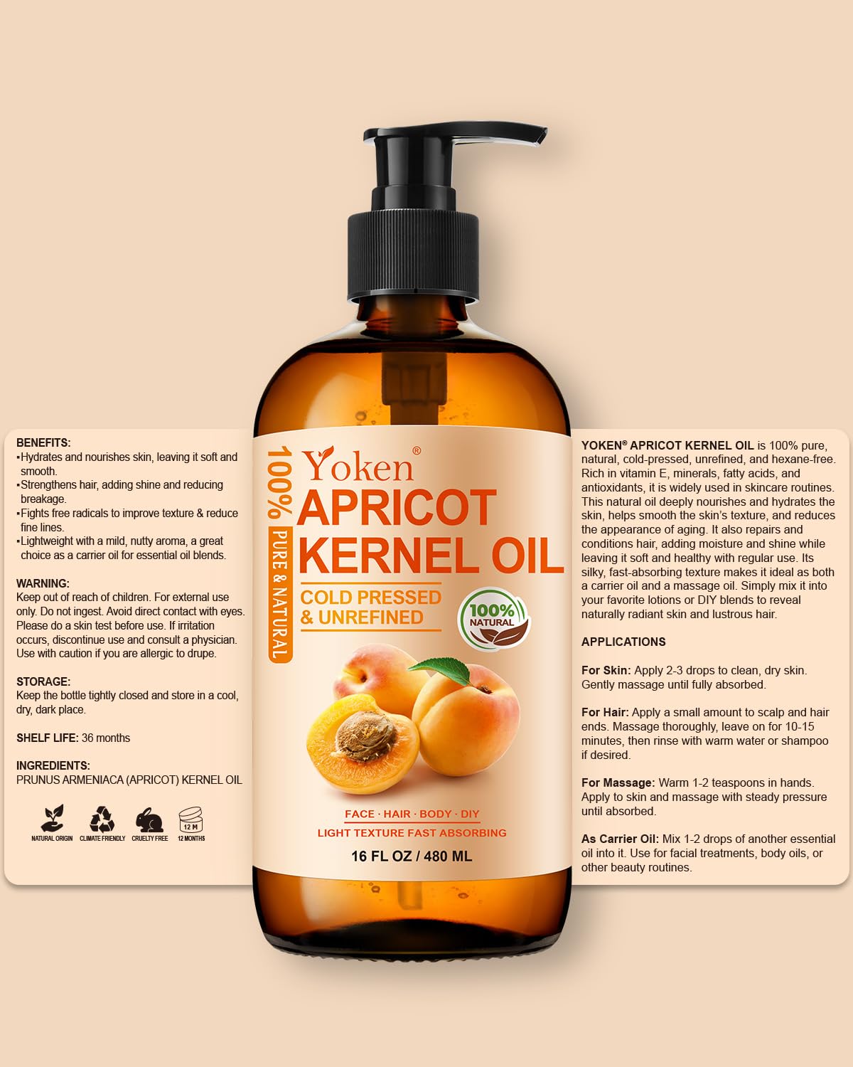 Yoken aceite de albaricoque base para masajes y cuidado corporal