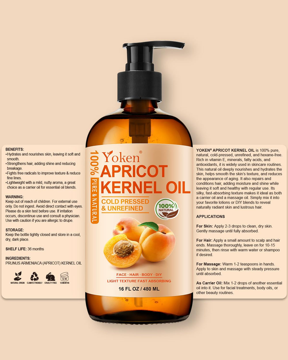 Yoken aceite de albaricoque base para masajes y cuidado corporal