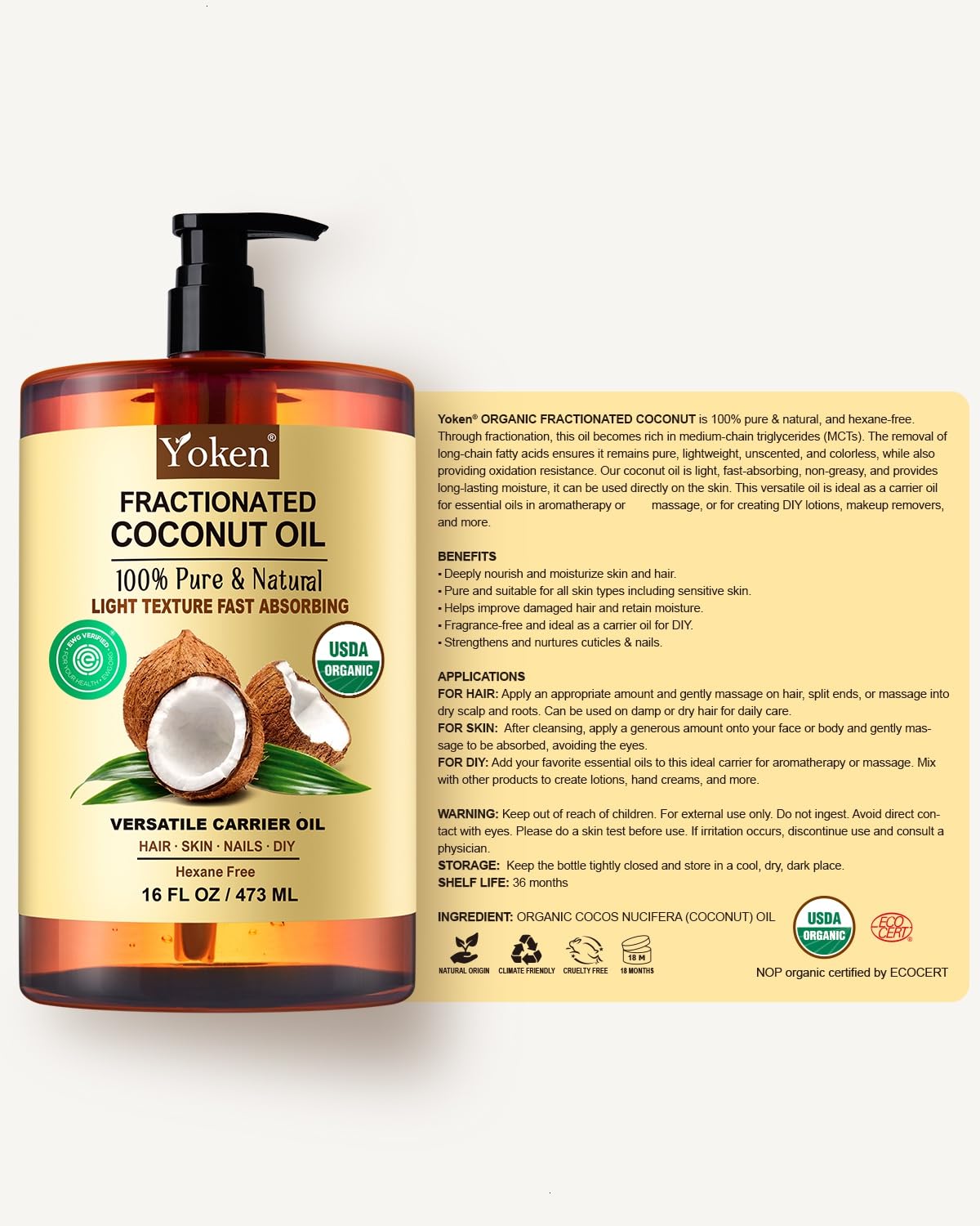 Yoken certificado orgánico, aceite fraccionado para cuidado de la piel.