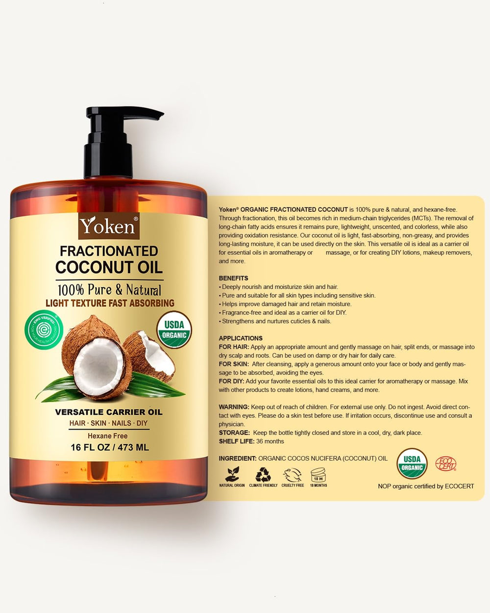 Yoken certificado orgánico, aceite fraccionado para cuidado de la piel.