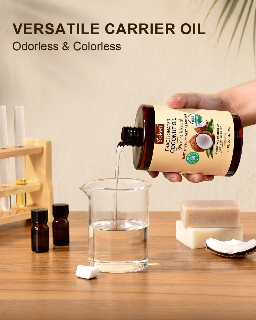Yoken aceite de coco fraccionado, sin fragancia para cuidados diarios.