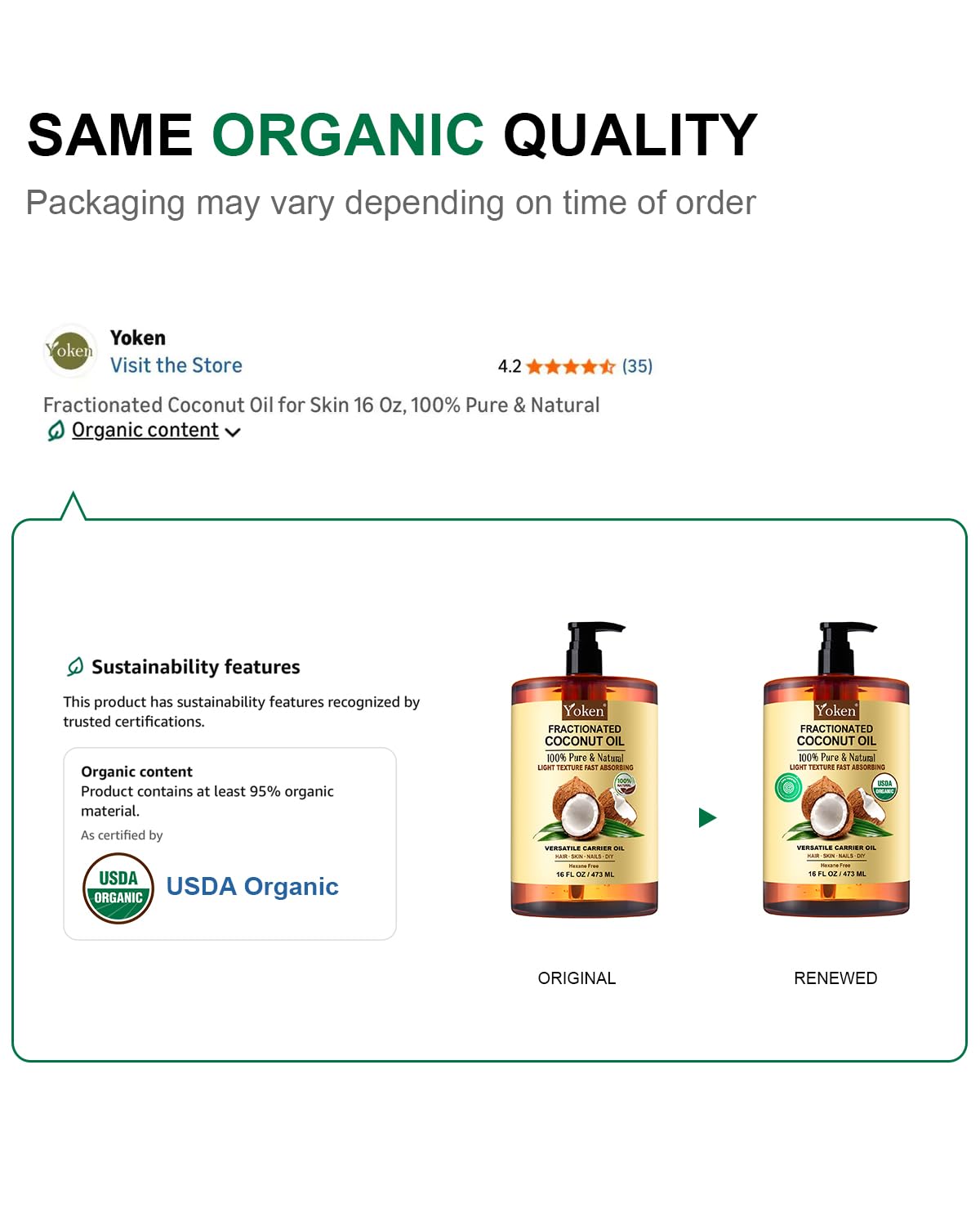 Yoken aceite de coco fraccionado, textura ligera y absorbente para uso diario.