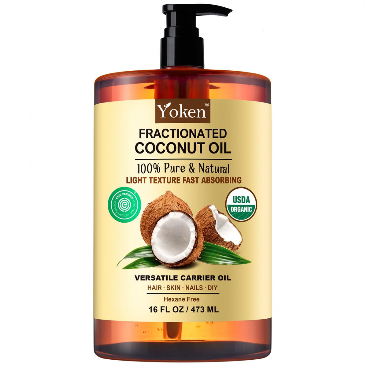 Yoken aceite de coco fraccionado, vertido desde la botella para piel suave.
