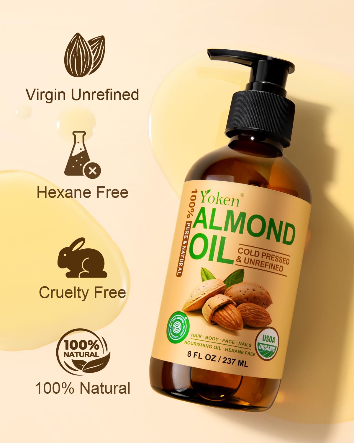 Yoken Aceite de almendras, aceite portador para mezclar aceites esenciales