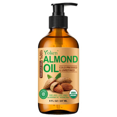 Yoken Aceite de almendras en frasco ámbar muestra hidratación para piel suave