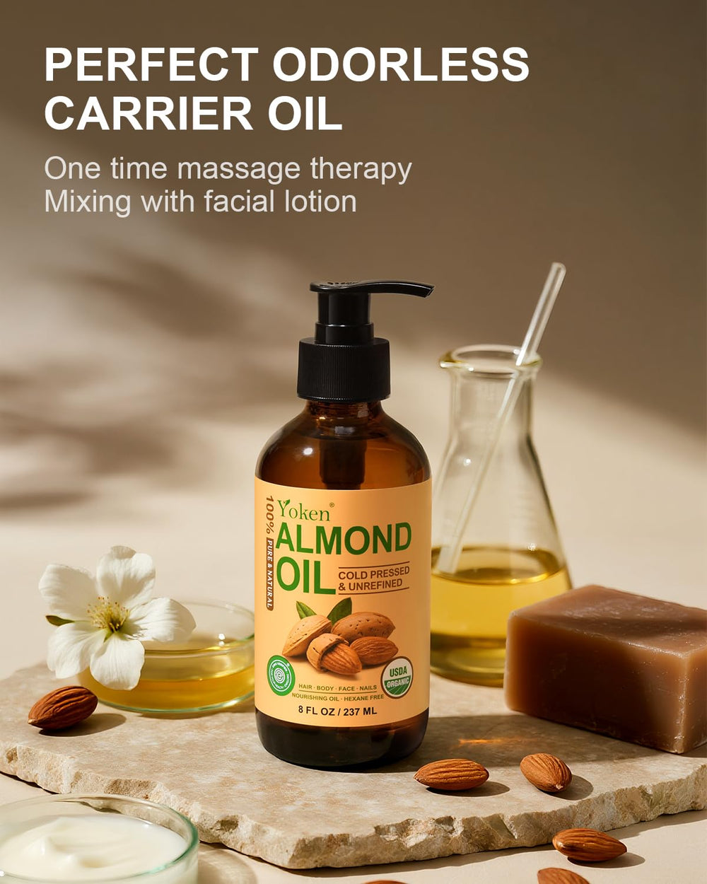 Yoken Aceite de almendras, masaje relajante para piel calmada