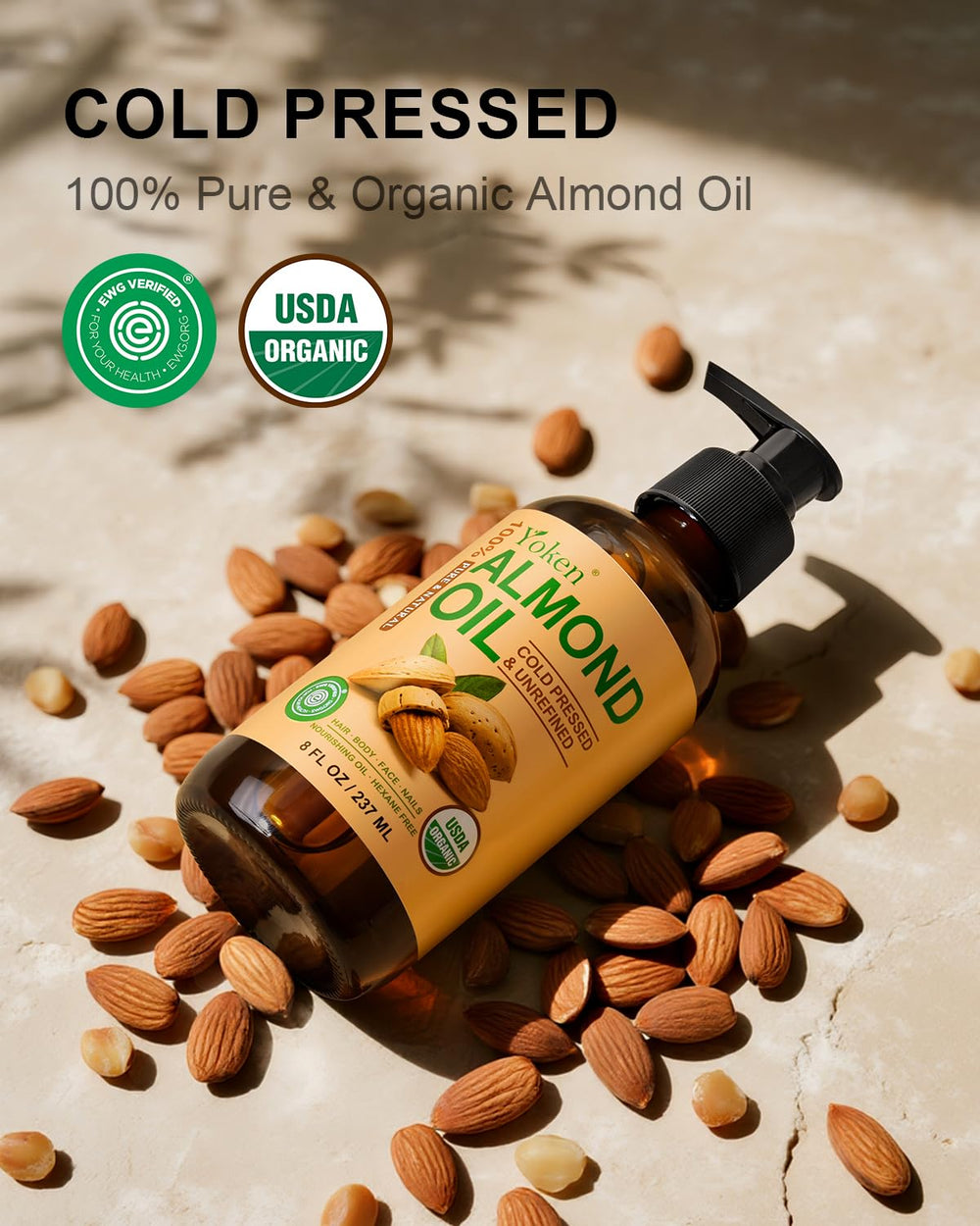 Yoken Aceite de almendras, textura ligera y rápida absorción para rostro y cuerpo