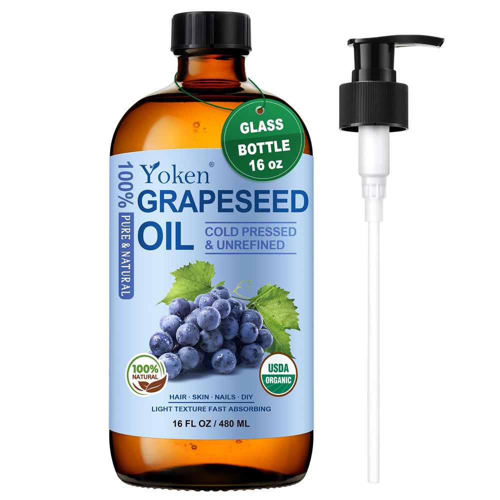 Yoken Aceite de Uva Orgánico en botella ámbar para hidratación suave.