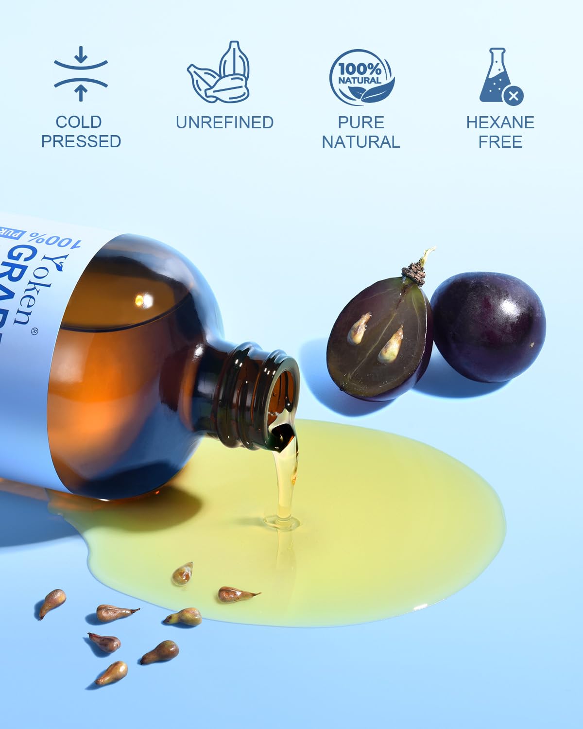 Yoken Aceite de Uva textura ligera que se absorbe rápido.