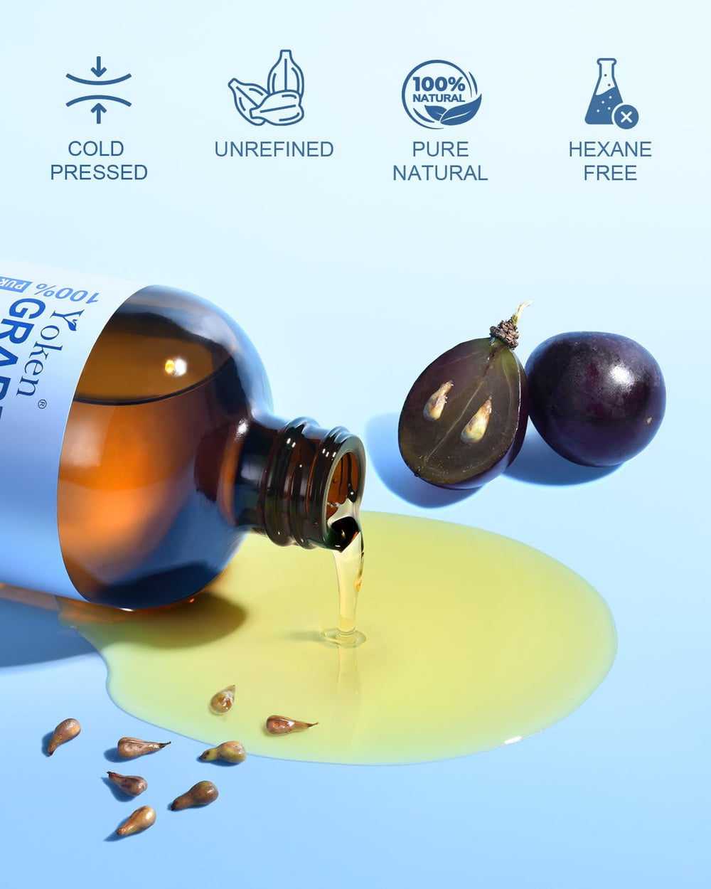 Yoken Aceite de Uva textura ligera que se absorbe rápido.
