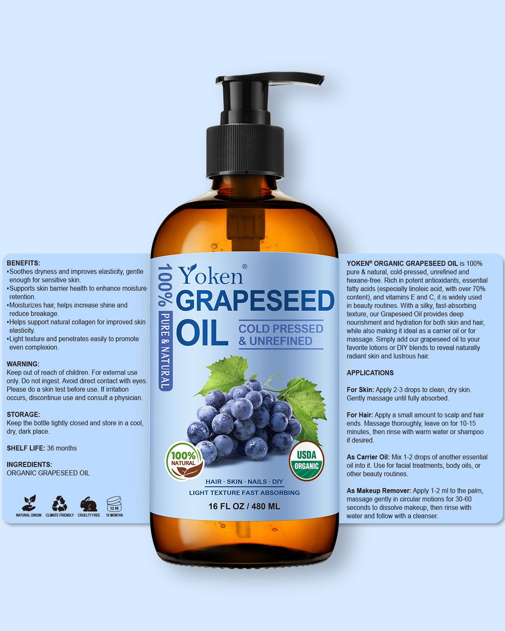 Yoken Aceite de Uva uso diario para rostro y cuerpo en piel saludable.