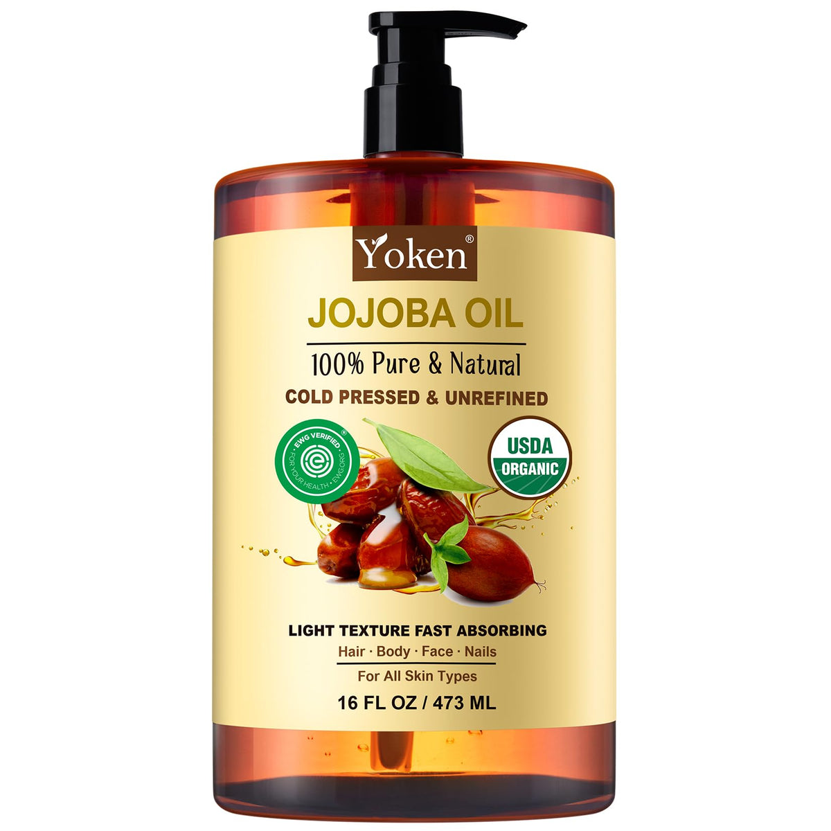 Yoken Aceite de Jojoba puro en botella ámbar de 16oz para hidratación suave.