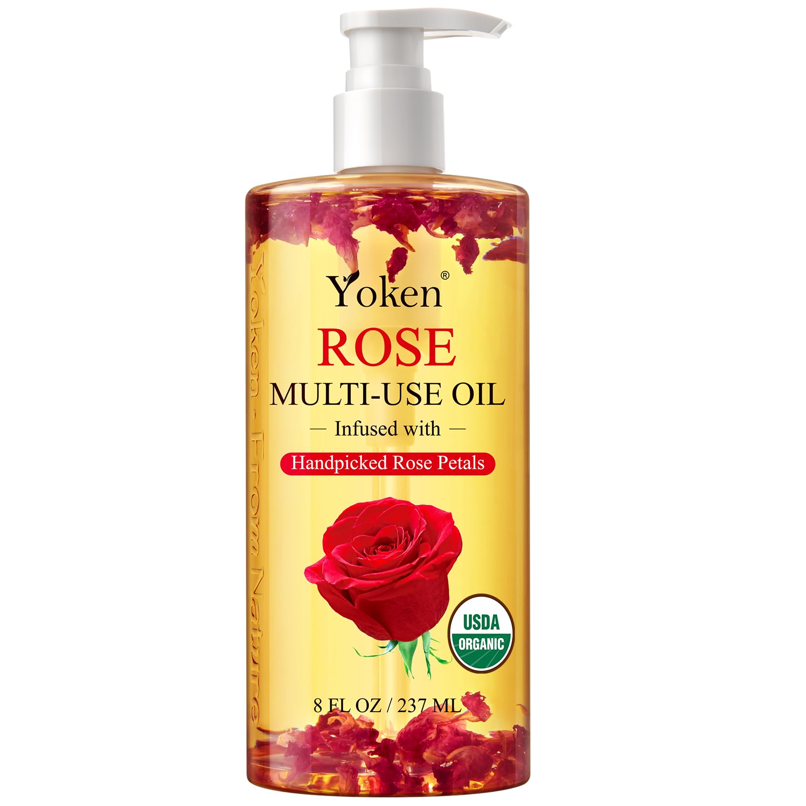 Yoken aceite multiusos, vertido desde la botella para hidratar piel
