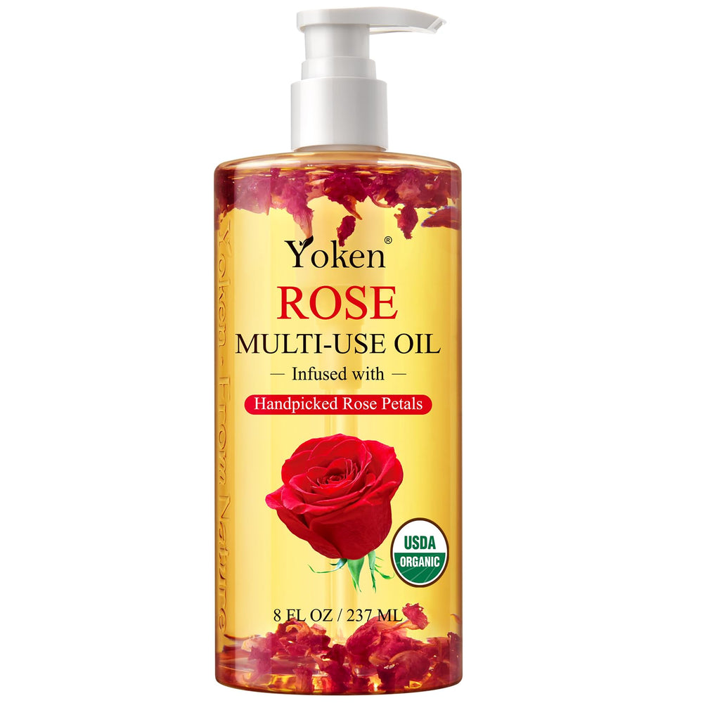 Yoken aceite multiusos, vertido desde la botella para hidratar piel