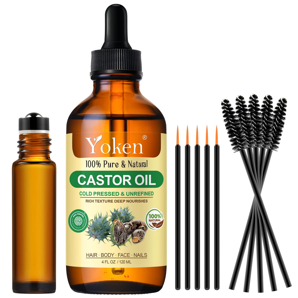 Yoken aceite de ricino en frasco de vidrio ámbar protege la fórmula.