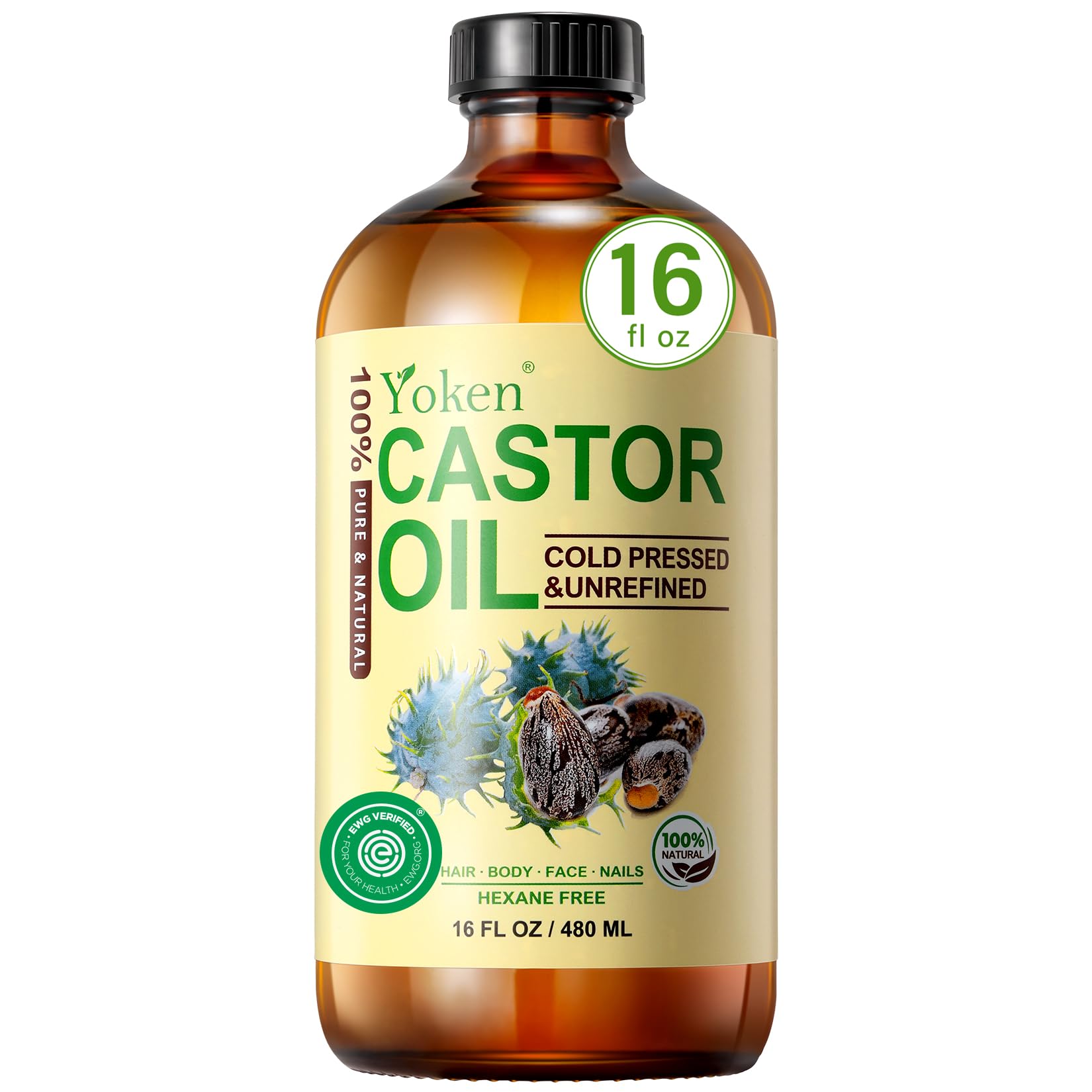 Yoken Aceite de Ricino en botella de vidrio ámbar protege nutrientes y frescura.