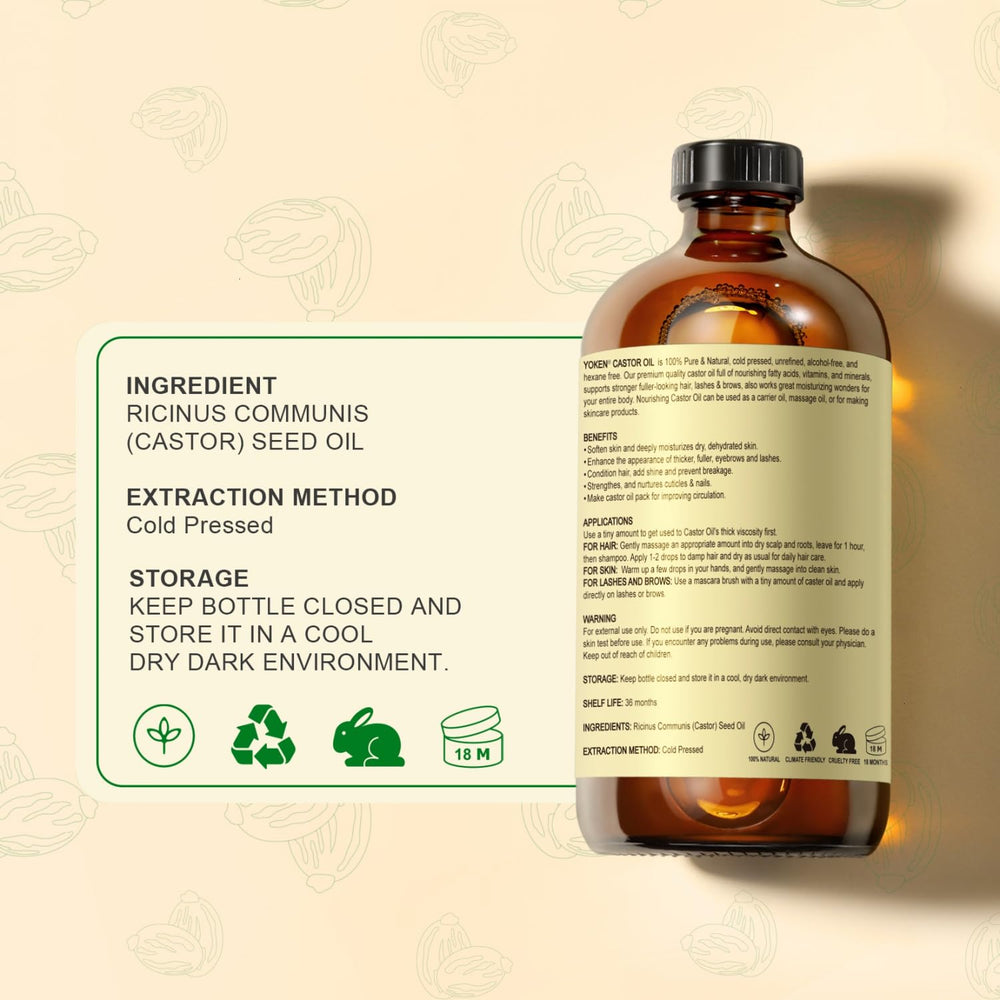 Yoken Aceite de Ricino en envase ámbar protege la calidad del aceite.