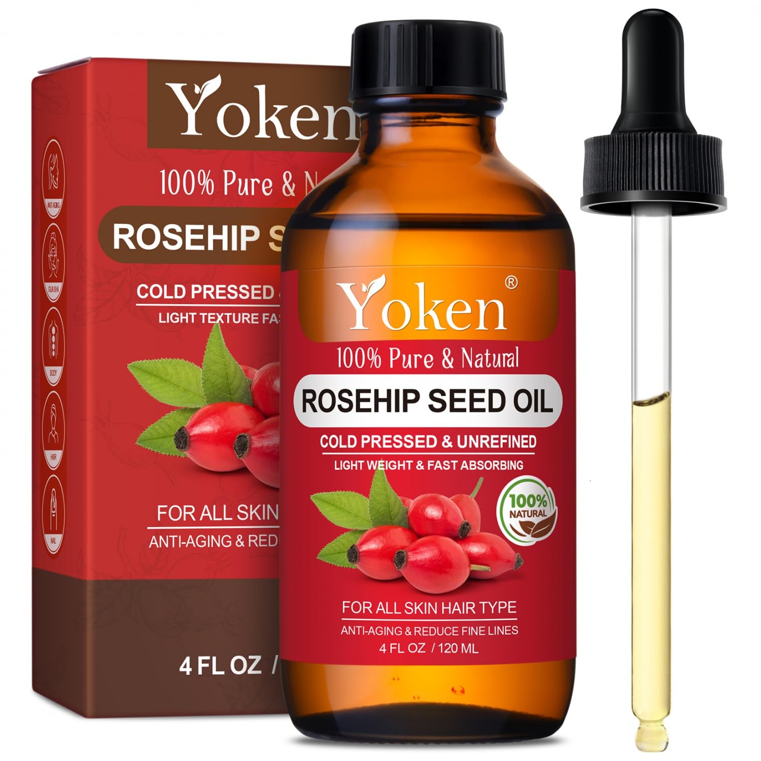 Yoken Aceite de Rosa Mosqueta en botella para uso diario de la piel.