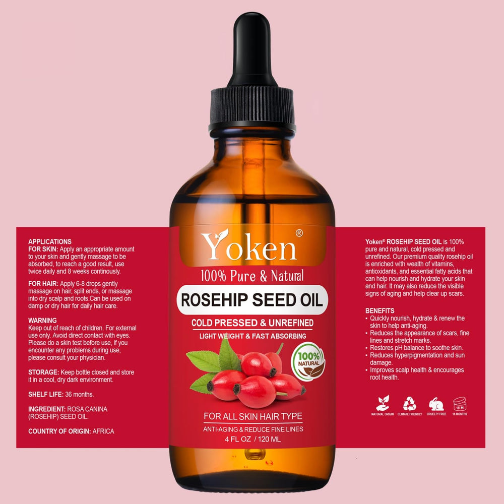 Yoken Aceite Rosa Mosqueta prensado en frío, conservando nutrientes.