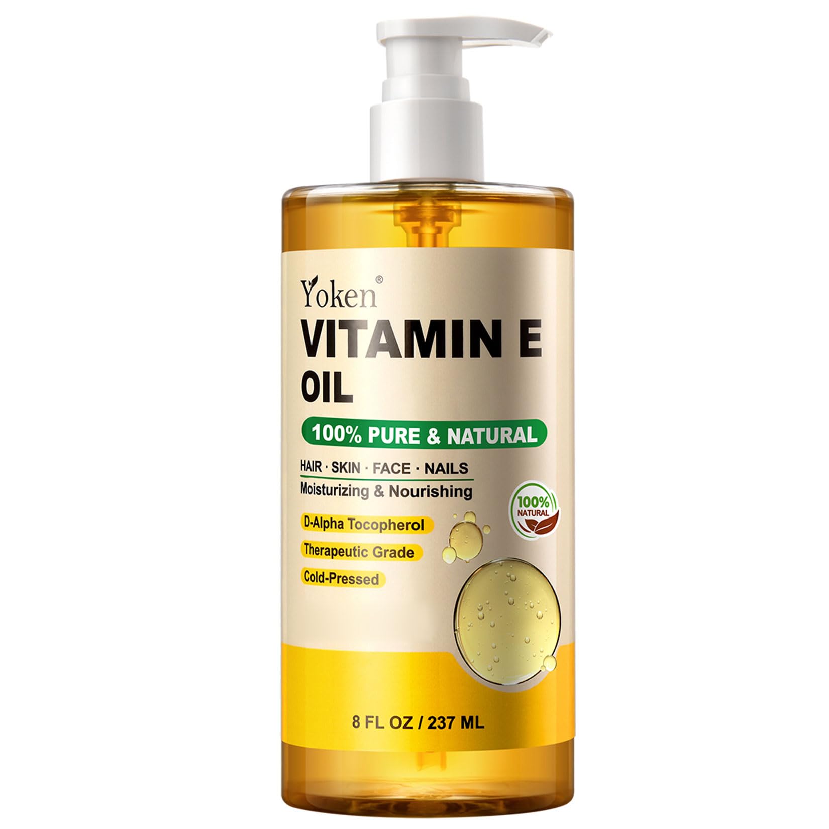 Yoken Aceite Vitamina E, botella de 8 oz para uso diario en cara y cuerpo.