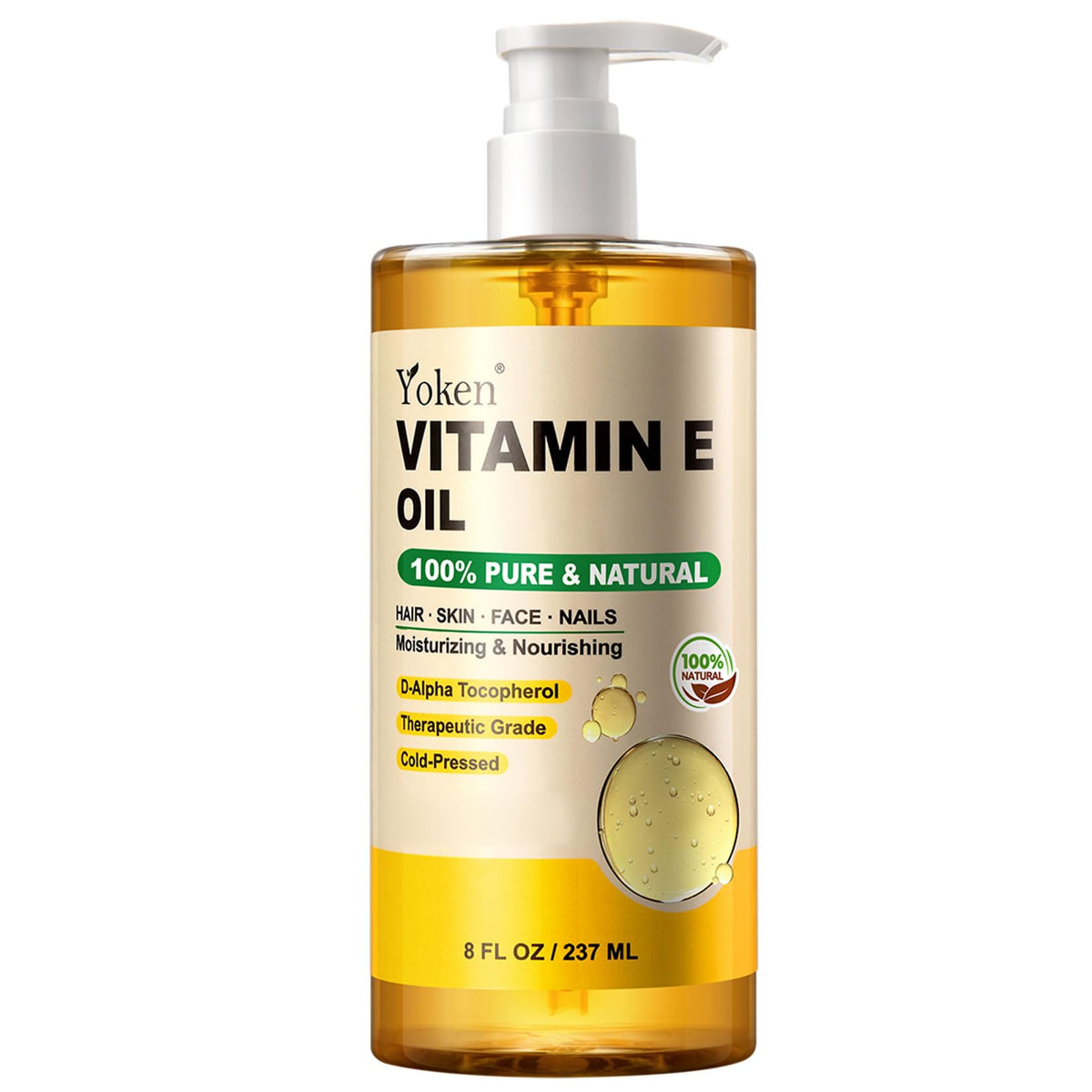 Yoken Aceite Vitamina E, botella de 8 oz para uso diario en cara y cuerpo.
