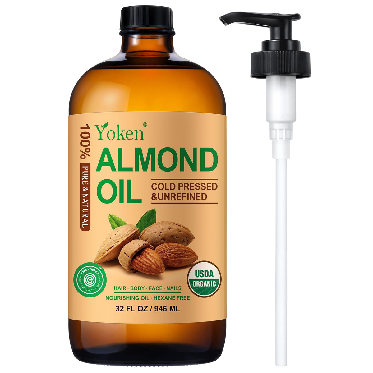 Yoken Almond Oil in amber bottle preserving nutrients for skin and hair