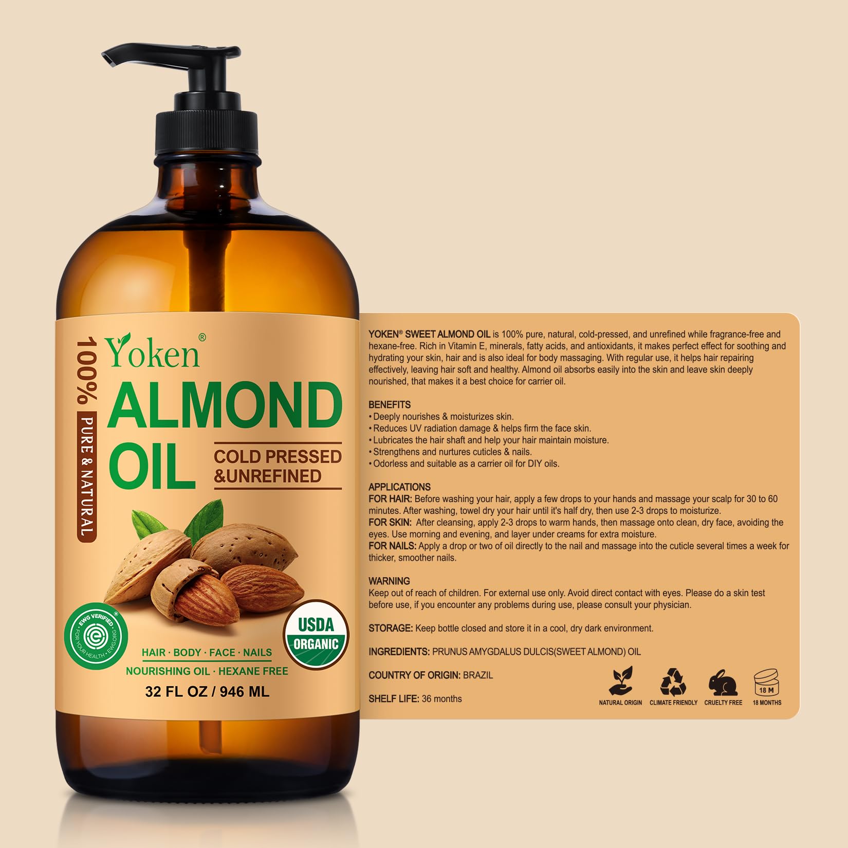 Yoken Almond Oil ingredients note highlights natural nutrients for skin