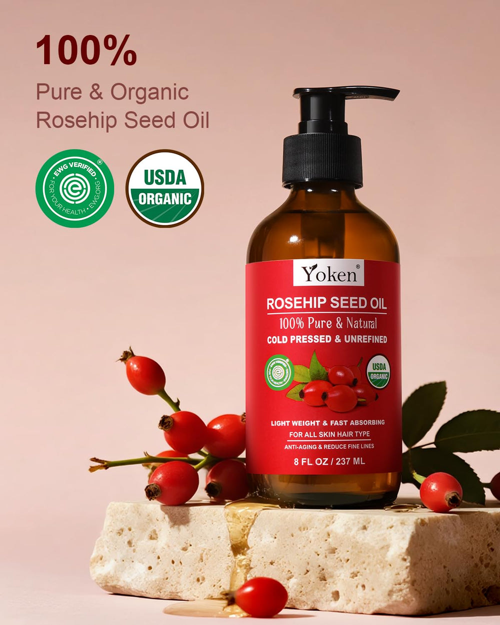 Yoken Aceite Rosa Mosqueta: aplicación facial suave para revitalizar piel seca.