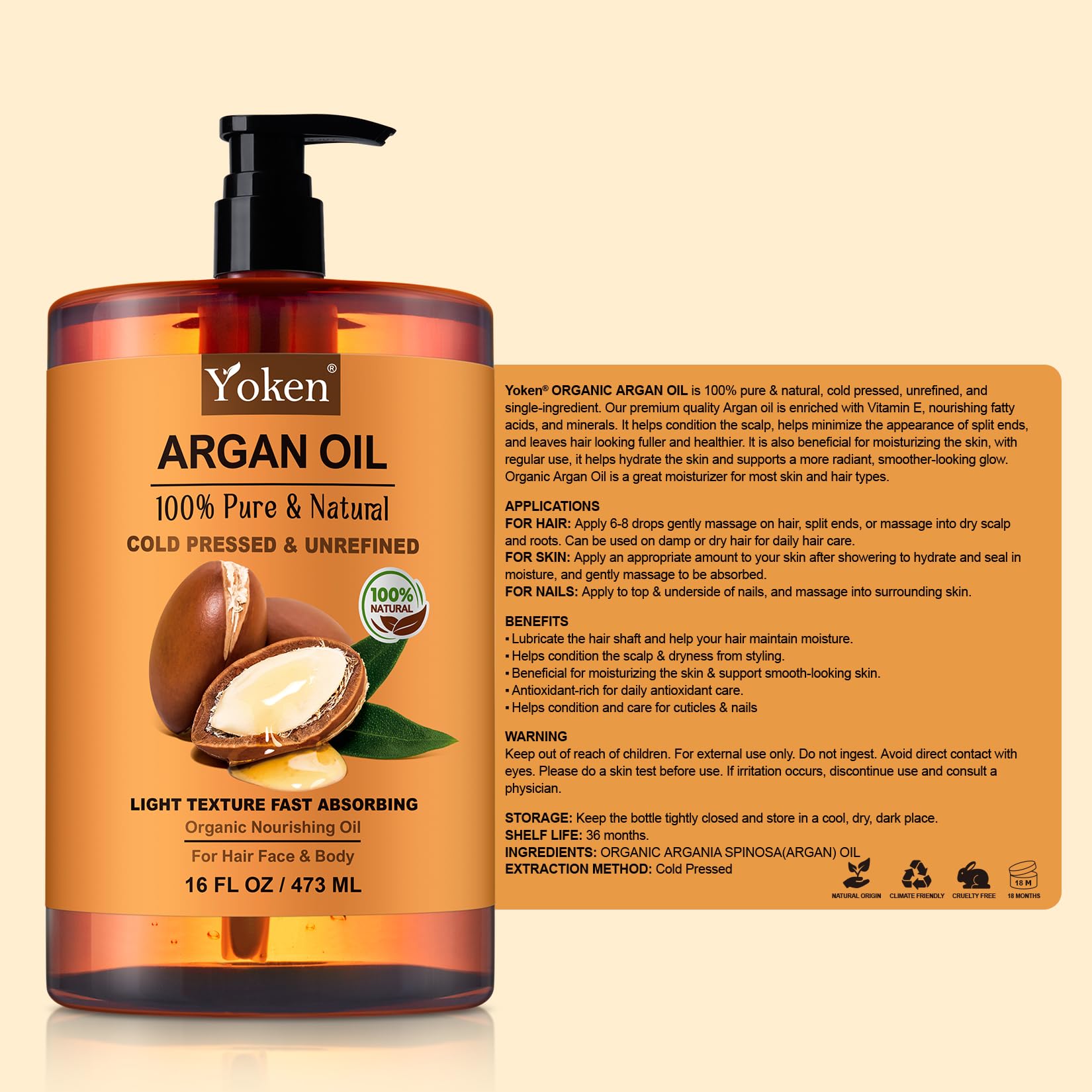 Unrefined, cold-pressed argan oil by Yoken nourishes scalp and body.