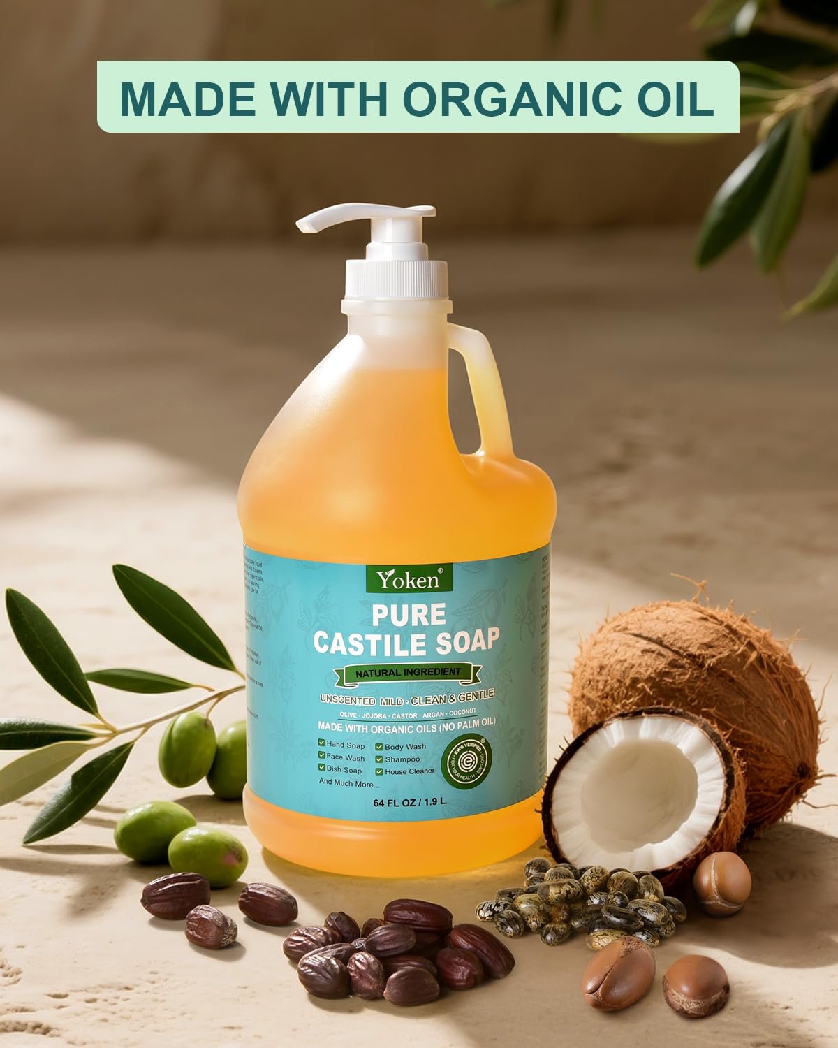 Yoken bottle side label shows organic certification for trust and transparency.