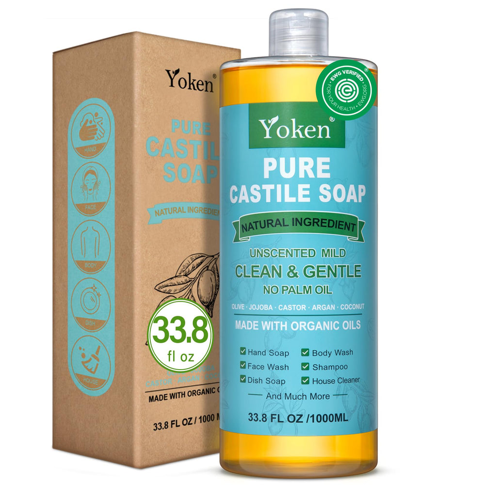 Jabón Castile líquido de Yoken sin aroma en botella, limpieza suave para cuerpo y platos