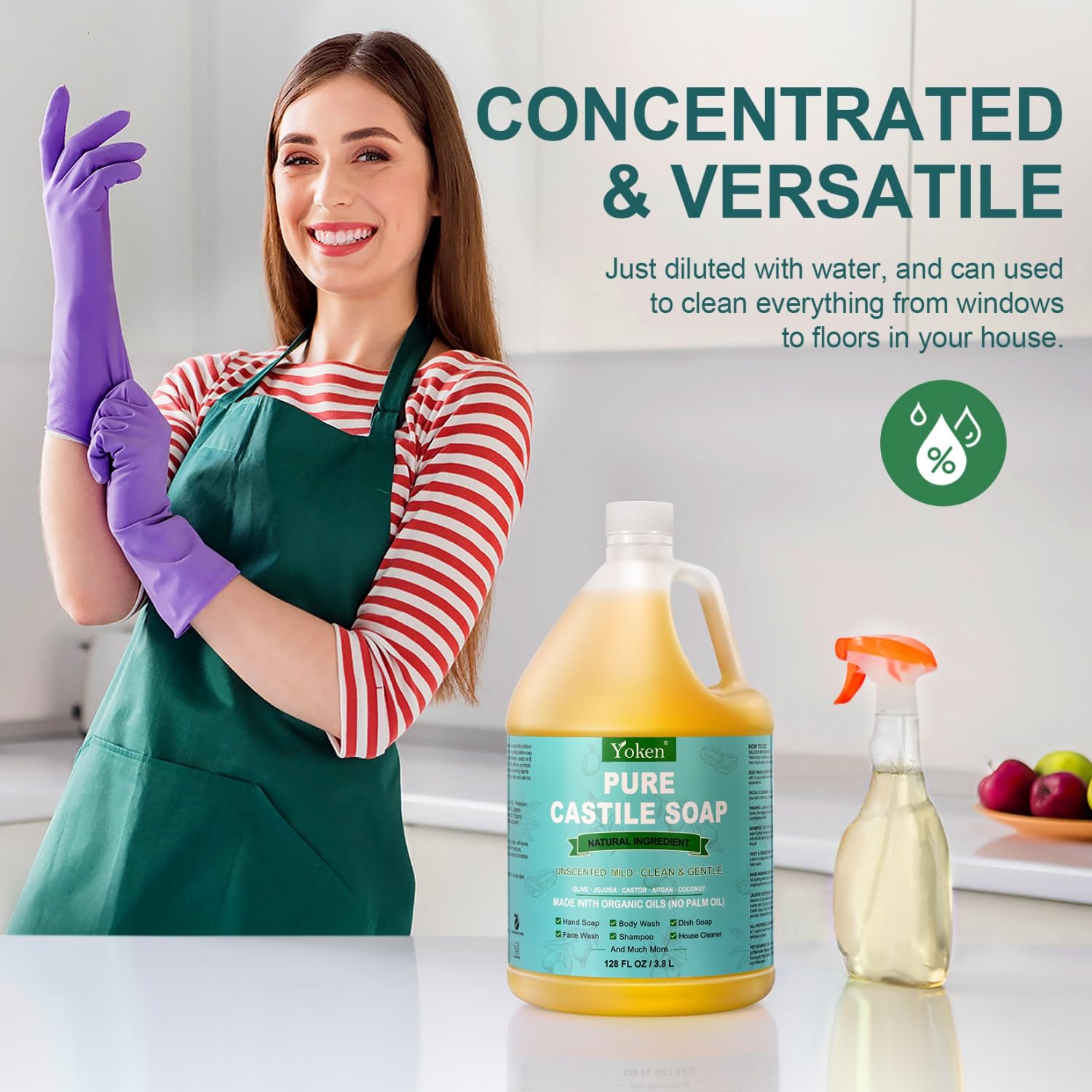 Yoken Castile Soap Liquid view showing pet shampoo capability for calm, clean pets.