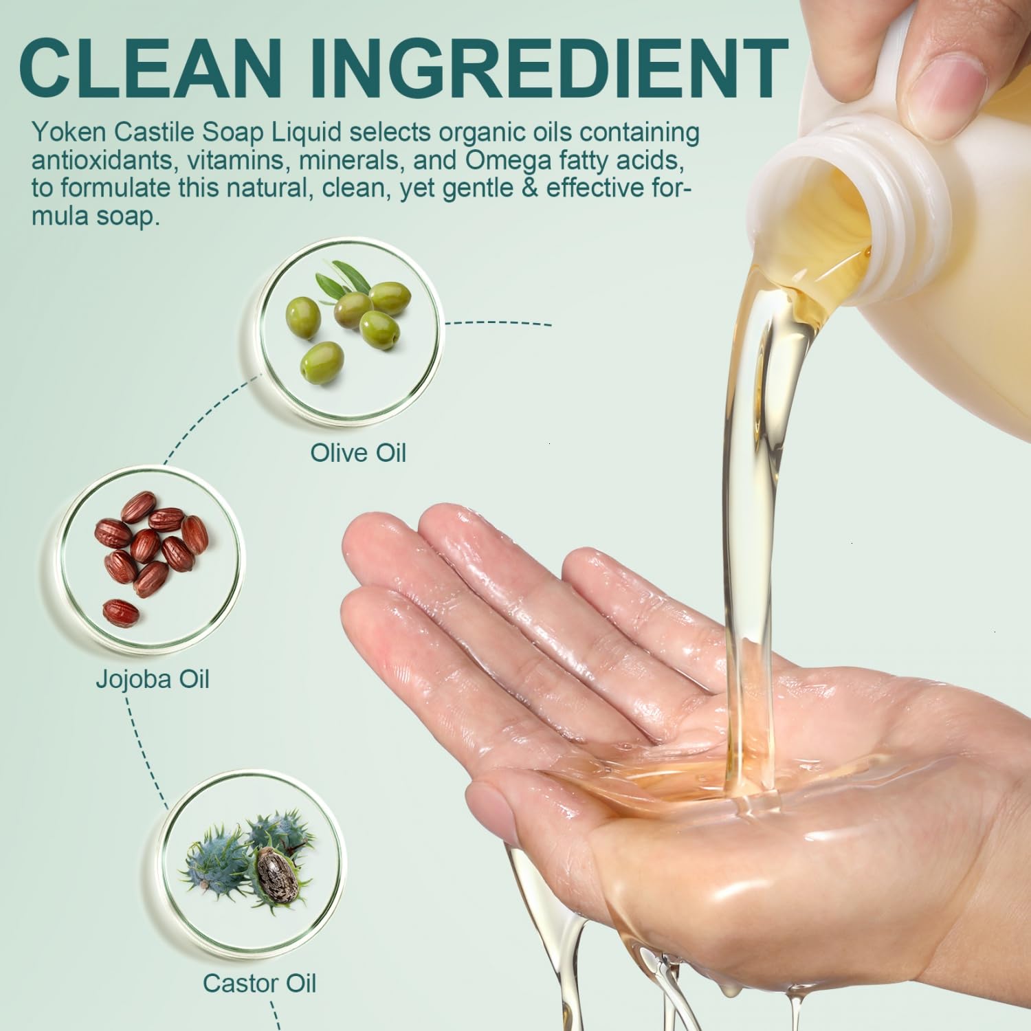 Yoken Castile Soap Liquid luxuriously lathers, suitable for body wash and face cleansing.