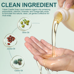 Yoken Castile Soap Liquid luxuriously lathers, suitable for body wash and face cleansing.