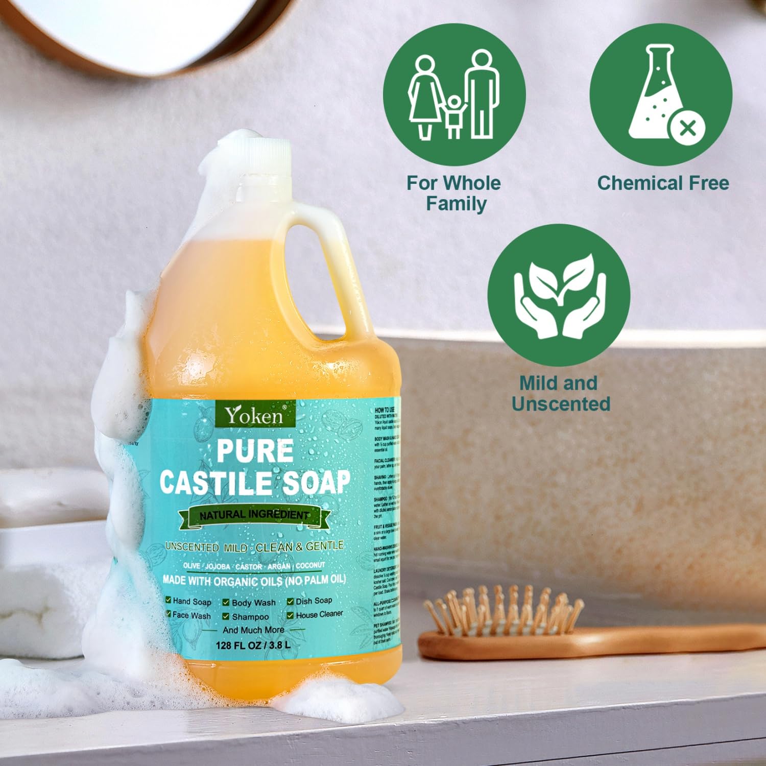 Yoken Castile Soap Liquid multipurpose cleaner for veggies, laundry, and household scrubbing.
