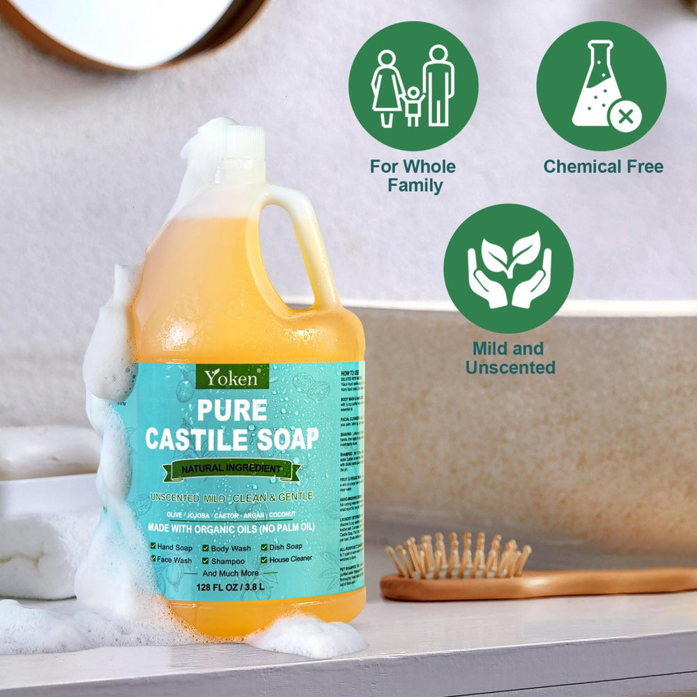 Yoken Castile Soap Liquid multipurpose cleaner for veggies, laundry, and household scrubbing.