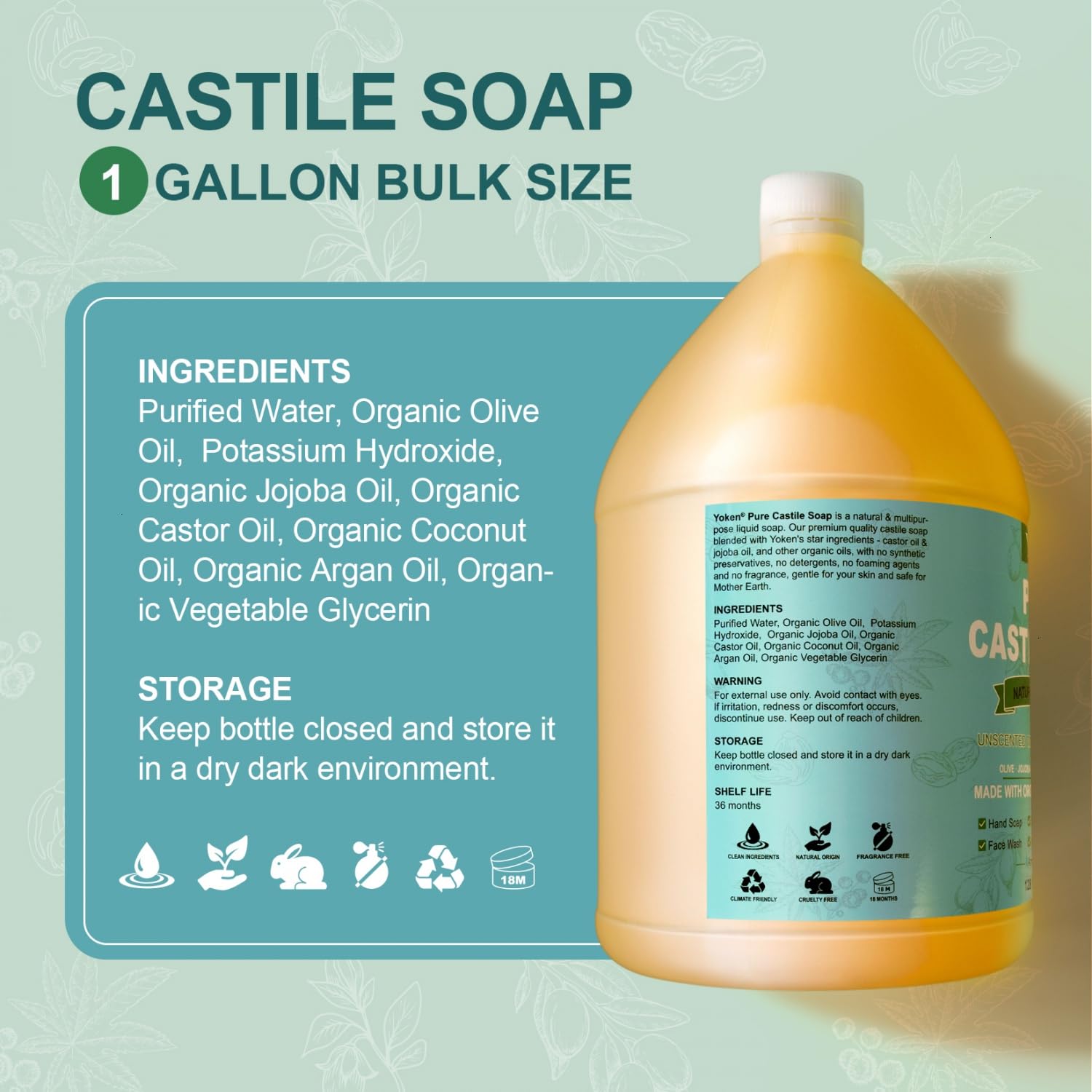 Yoken Castile Soap Liquid ingredients panel highlights organic oils and vegan base.