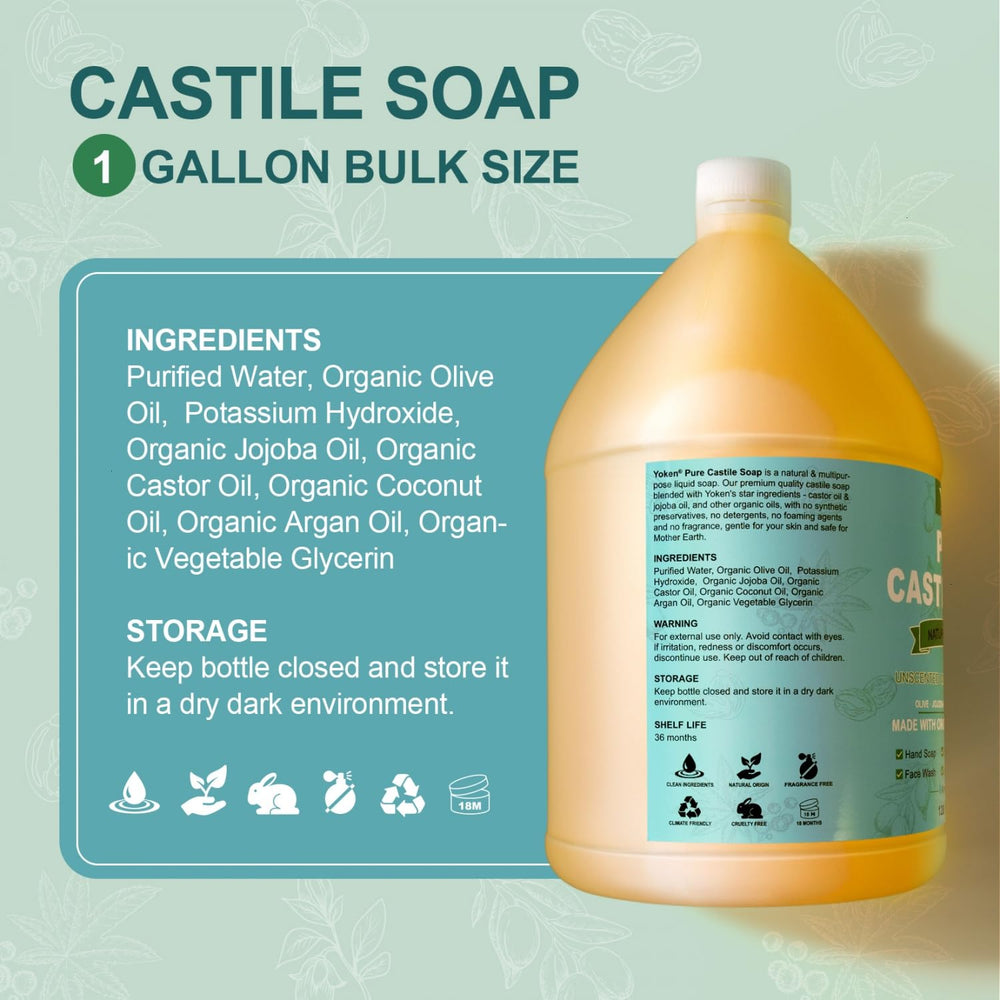Yoken Castile Soap Liquid ingredients panel highlights organic oils and vegan base.