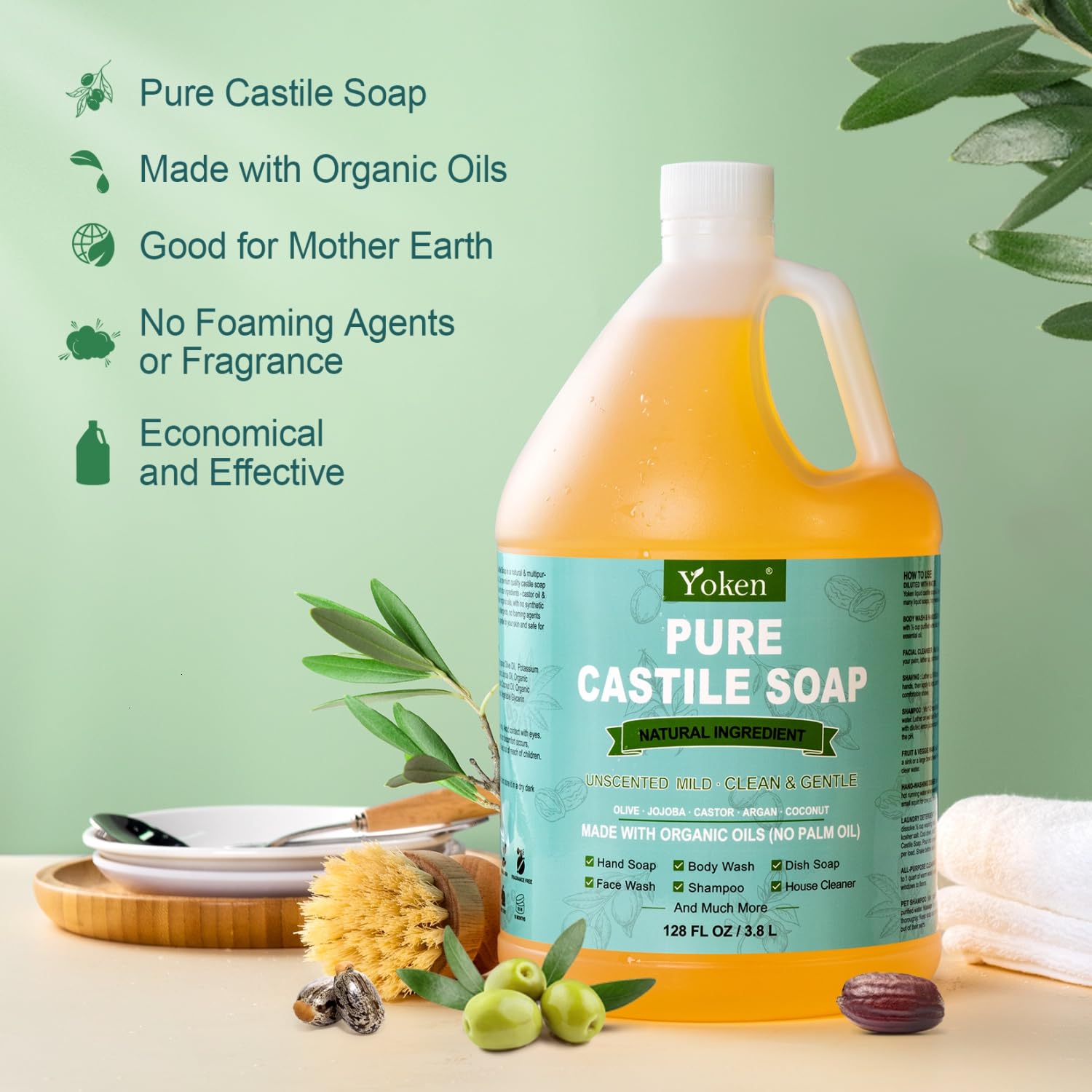 Yoken Castile Soap Liquid being poured demonstrates a mild, concentrated formula.