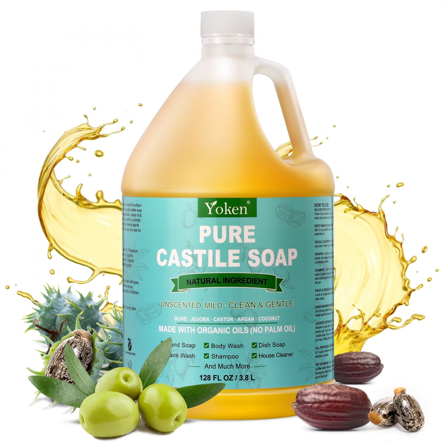 Yoken Castile Soap Liquid bottle on sink shows cruelty-free, fragrance-free formulation.