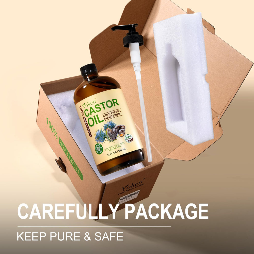 Yoken castor oil label close-up highlighting hexane-free, cold-pressed quality.